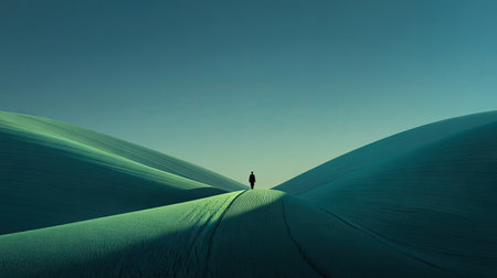 A man walking on a sand dune in the middle of the desertの素材