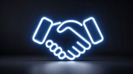 Handshake in neon light on dark background. 3D rendering.の素材