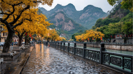 Ginkgo trees along the Guilin River at night, Chinaの素材