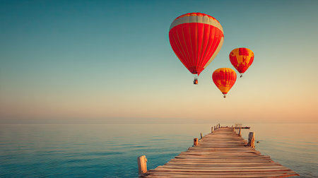 Hot air balloons over the wooden jetty at Lake Balaton, Hungaryの素材