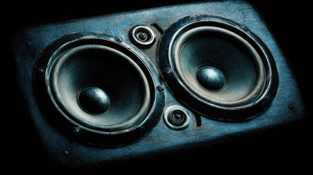Close up shot of a speaker on a dark background. Toned.の素材