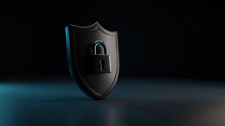 3D rendering of a shield with a padlock on a dark backgroundの素材