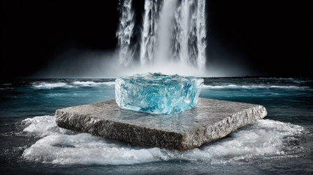 Ice cube with water fountain on the background. 3D rendering.の素材