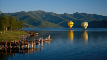 Hot air balloons flying over the lake in the morning with mountains in the backgroundの素材