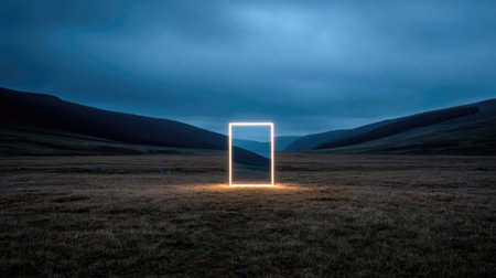 3D rendering of a neon door on a grassy field at nightの素材