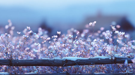 Pink flowers on a fence in the village. Beautiful winter landscape.の素材