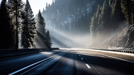 Asphalt road in the mountains with fog and sunbeams.の素材