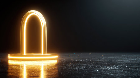 Glowing yellow neon arch on dark background. 3D Renderingの素材