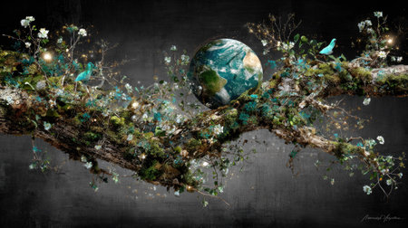 Planet earth on tree branch with green leaves and flowers. Elements of this image are furnished by NASAの素材