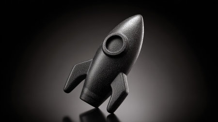 Black toy rocket isolated on black background. 3d render illustration.の素材