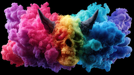 Skull and smoke in the form of a rainbow on a black backgroundの素材