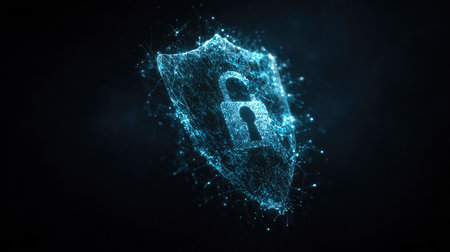 Cyber security concept. Shield with padlock on dark background 3D renderingの素材