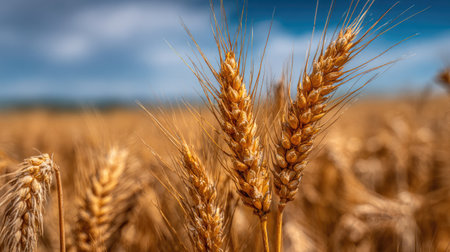 Golden wheat field and blue sky in background. Shallow depth of field.の素材