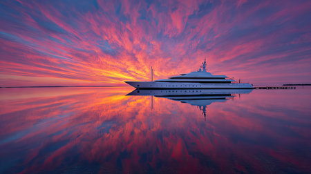 Yacht in the sea at sunset. Colorful sky. 3d renderingの素材