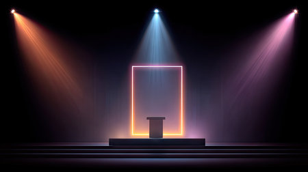 An illuminated podium is the central focus, framed by a neon-like rectangle, with a dark setting emphasized by colorful spotlights. The composition features a geometric style and a dramatic contrast between light and shadow. The image's clean design allows versatile usage in various promotional or presentational contexts.の素材