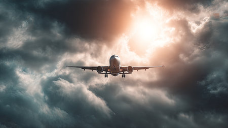 An airplane soars through a sky filled with dark, textured clouds, lit by a bright, warm light source. The composition highlights the aircraft's silhouette against the contrasting tones of the sky. This image may be suitable for aviation, travel, or atmospheric concepts.の素材