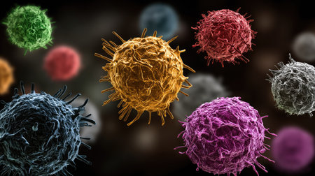 This image features numerous, brightly colored spherical cell structures. The composition showcases a close-up view, with a shallow depth of field, highlighting the textures and intricate details of the subjects. The image utilizes vibrant colors and a blurred background, which creates a visually appealing and dynamic look suitable for scientific or educational uses.の素材