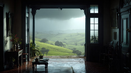 An interior shot features an open doorway framing a vast green landscape under a dramatic, overcast sky. The image showcases natural light, a dark interior, and a sense of depth, with rain visible. Potential applications include editorial illustrations and atmospheric storytelling. It suggests a sense of peace.の素材
