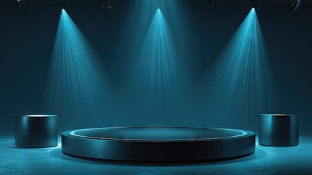 A modern stage setup features a central platform with flanking cylindrical objects, all bathed in cool teal light from overhead spotlights. The composition highlights geometric shapes and textures against a dark backdrop. Suitable for presentations, product showcases, or conceptual visualizations, providing ample copy space.の素材