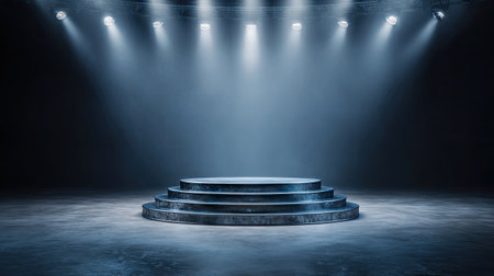 A tiered stage is illuminated by overhead spotlights creating a dramatic atmosphere. The scene features cool blue tones, casting shadows across the concrete floor and stage structure. This visual could be utilized for presentations, performance backdrops, or conceptual designs, offering copy space.の素材