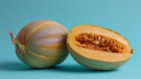 Two cantaloupe fruits are featured, one whole and one halved, revealing the fleshy interior and seeds. The vibrant colors of the fruits contrast with the uniform blue backdrop. The image is brightly lit, ideal for commercial or editorial use relating to food, health, or nutrition. The composition provides copy space.の素材