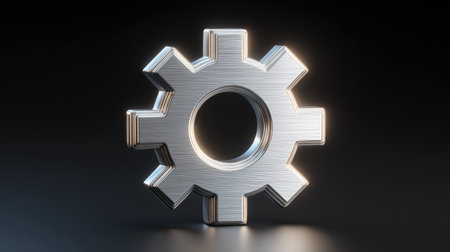 A shiny, metallic gear is centrally positioned against a dark, possibly black, background, creating a stark contrast. The object is rendered with a brushed metal texture, enhancing its three-dimensional quality and suggesting industrial or mechanical applications. The image is suitable for a variety of commercial and editorial uses.の素材