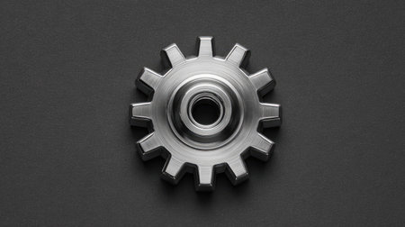 A close-up view presents a metallic gear against a dark background. The cogwheel displays a polished, reflective surface, suggesting a metal texture. The composition emphasizes the gear's form, likely under artificial lighting. This image could serve various purposes, including illustrating industrial themes or concepts related to technology.の素材