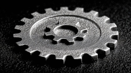 A close-up view presents a metallic gear on a dark, textured surface. The gear's design showcases intricate details and a rough, industrial aesthetic. The lighting highlights the object's contours. This image can be utilized in various commercial and editorial contexts related to mechanics and industry.の素材