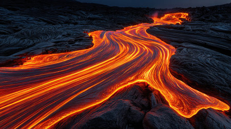A river of bright orange molten lava flows through a dark, textured landscape. The image showcases the dynamic, flowing nature of the lava against the rough, black rock. The scene is illuminated by the lava's glow, suggesting a night setting. Suitable for various editorial and commercial applications.の素材