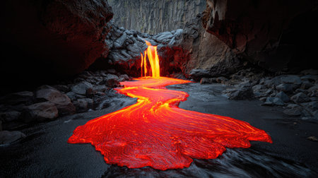 A vibrant river of molten lava flows through a dark, rocky cavern. The image showcases the bright red and orange hues of the lava against the dark grey rock formations. The overhead perspective provides a dramatic visual experience. This image is suitable for various commercial uses and editorial publications.の素材