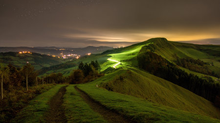 An aerial perspective showcases rolling green hills at night, where an illuminated pathway leads toward a distant town. The scene features lush vegetation in varying shades of green under a dark sky, punctuated by warm light. This image could be used for illustrating travel, nature, or environmental themes in various commercial projects.の素材