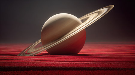 An artistic rendering features a planet with prominent rings set against a rich, dark red surface and background. The illustration displays a warm color palette with soft lighting and a detailed texture. It may be suitable for science education, astronomy publications, or creative advertising.の素材