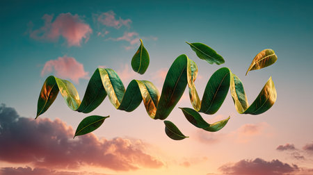 An artistic composition features stylized green leaves and a ribbon-like structure against a vibrant sky. The image utilizes a soft lighting style, and displays a dynamic arrangement of natural elements. This creative asset is suitable for various commercial purposes, including advertising and design projects.の素材
