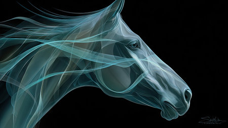 An artistic rendering features the profile of a horse's head, created with wisps of blue smoke against a black backdrop. The artwork showcases a dynamic composition with flowing lines and a glowing, ethereal quality. This image is suitable for various commercial uses, including artistic prints and digital design projects.の素材