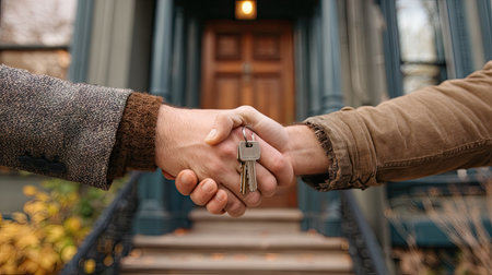 Two individuals are depicted shaking hands, a key visible in the grasp. The scene is illuminated with natural light, showcasing the hands against a backdrop of an old house. This image could be used to illustrate various concepts related to property, deals, and agreement, in commercial or editorial contexts.の素材