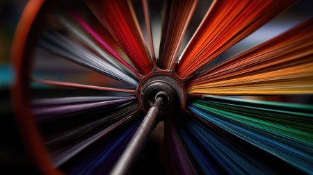An abstract image presents numerous threads of varying colors emanating from a central hub. The composition emphasizes vibrant hues and the interplay of light and shadow, creating a dynamic visual effect. Suitable for creative projects, this image could be used for design elements and visual presentations.の素材