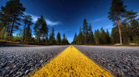A low-angle view showcases a paved road with a prominent yellow center line, leading into a forest. The image features a bright blue sky and tall trees. It may be suitable for illustrating concepts of travel, journey, or transportation. It could be used for various commercial and editorial applications.の素材