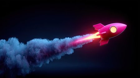 A pink rocket ship is depicted launching against a dark backdrop, trailing illuminated smoke. The image showcases vibrant colors and a digital style, with strong contrasts and dynamic lighting effects. This visual could be utilized in commercial contexts related to technology, innovation, or conceptual illustrations.の素材