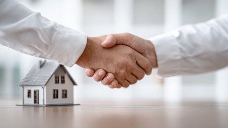 Two hands clasp in a handshake with a miniature house model placed nearby on a table. The scene, bathed in soft lighting, showcases a neutral color palette dominated by white and shades of brown. This composition is well-suited for illustrating concepts related to business, agreements, and the housing market, potentially for commercial applications.の素材