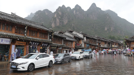 A row of parked cars lines a street with traditional architectural buildings. The image exhibits a cloudy environment with a mountain range in the background. The scene suggests an outdoor setting and hints at potential commercial applications such as travel, tourism, or lifestyle content.の素材
