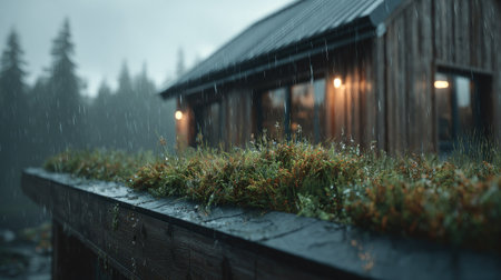 A rustic wooden cabin is depicted under a grey sky. Rain falls on the roof covered in green vegetation. The scene presents a moody, soft-lit exterior, with natural textures of wood and plants. Suitable for visual concepts about living and peaceful environment. The image is ideal for editorial and commercial use.の素材