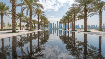 A row of palm trees lines a reflective pool, mirroring their forms against the clear sky. The image features a city skyline in the distance, bathed in daylight. The composition utilizes symmetry and perspective, creating depth. This scene may be suitable for travel, architectural, or environmental projects.の素材