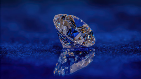 A brilliant-cut diamond gemstone is showcased on a vivid blue backdrop, creating a reflective display. The lighting emphasizes the gem's facets and clarity. The composition highlights the stone's form and radiance, suggesting its use in jewelry design and commercial applications. The image offers visual appeal suitable for various editorial needs.の素材