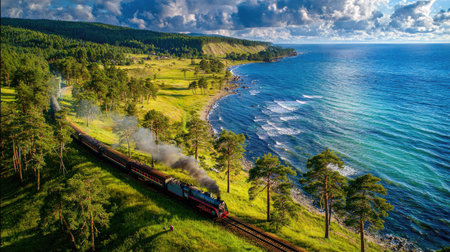 A train travels along a coastal rail track, bordered by verdant forests and fields. The image showcases the expansive blue ocean and a shoreline. The composition features a high-angle perspective, with vibrant colors and natural lighting, suitable for travel, tourism, and editorial purposes.の素材