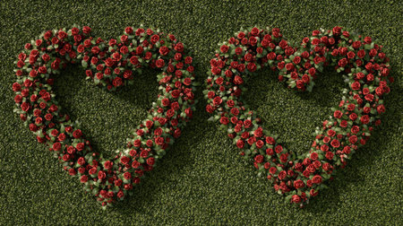 Two heart-shaped arrangements composed of red flowers and green leaves sit on a textured green surface. The overhead perspective provides a clear view of the floral detail. The image suggests a celebratory theme suitable for commercial applications and editorial purposes. The composition is simple with natural lighting.の素材