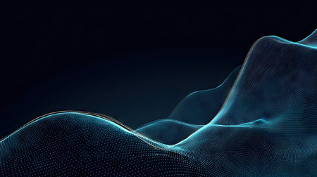 An abstract digital landscape is rendered with a mesh-like structure. The composition displays a series of undulating curves in shades of blue and teal against a dark backdrop. The texture suggests a technological environment, potentially suitable for design, science, or conceptual illustrations.の素材