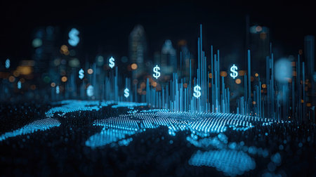 This image depicts an abstract world map with digital currency symbols, possibly representing financial data and global transactions. The composition uses cool blue tones, digital lines, and a blurred background suggesting a technological setting. This could be used for various commercial or editorial concepts related to finance or economics.の素材