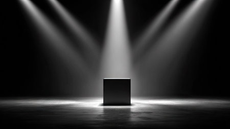 A dark abstract image showcases a central cube bathed in bright overhead spotlights. The composition presents high-contrast lighting and shadows, emphasizing the shape. This imagery may be suitable for a range of visual projects, including artistic displays or commercial presentations requiring a minimalist aesthetic.の素材