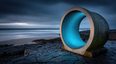 A large, ring-shaped concrete sculpture with internal blue lighting stands on a rocky coastline. The scene features a dramatic, overcast sky and the ocean. The textured surface of the sculpture contrasts with the smooth, reflecting water, suitable for artistic or conceptual applications.の素材