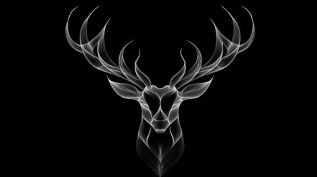 An abstract illustration presents a deer formed by smoke against a dark background. The artwork features white, flowing lines, creating a geometric silhouette. The composition employs overhead lighting to enhance visual depth, suitable for design projects or editorial applications. This imagery may be used in commercial contexts.の素材